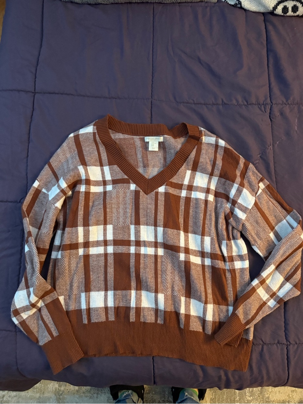 Brown Plaid V-Neck Women’s Sweater - Classic Knit
